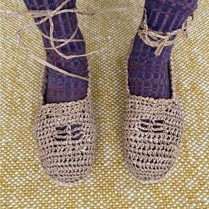 Woven Raffia Lace-Up Flats - Natural